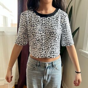 French Connection Black & White Sequin Crop Top Size 0 Sparkly Party Shirt